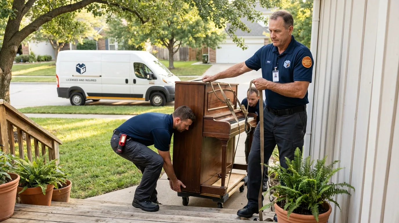Licensed piano movers securing grand piano in Indiana, PA