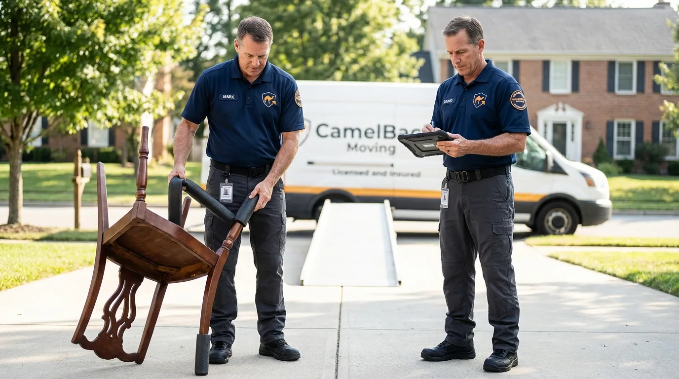 Movers inspecting furniture for damage prevention before loading in Indiana, PA