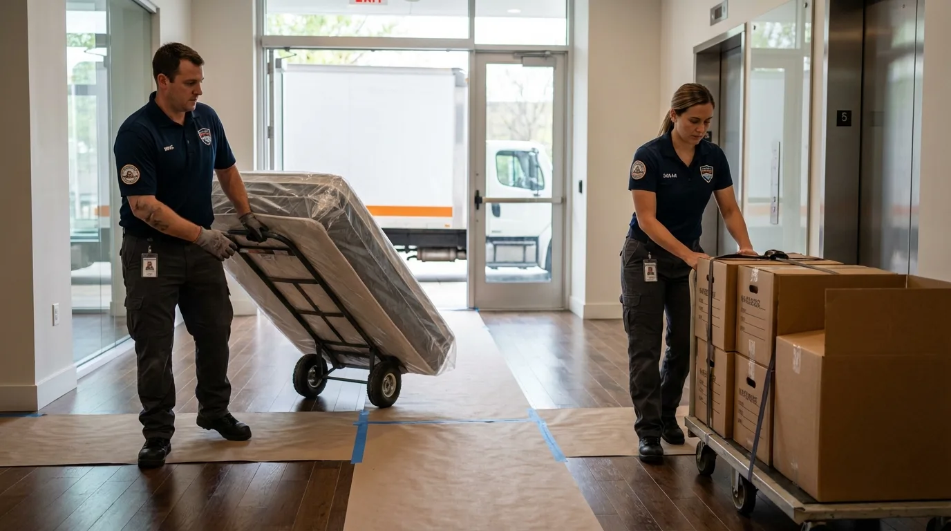 Professional apartment movers loading elevator in Indiana, PA