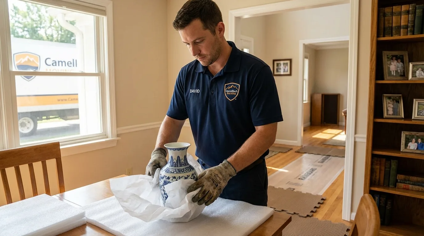 Professional crew carefully wrapping antique vase for senior downsizing move in Indiana, PA